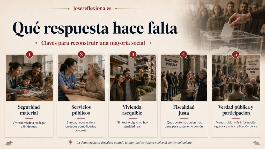 Infografía sobre las bases de una mayoría social democrática: seguridad económica, servicios públicos, vivienda asequible, fiscalidad justa, información rigurosa y participación ciudadana.