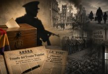 18 de julio de 1936: el golpe militar que destruyó la democracia Una urna electoral de 1936 y periódicos republicanos quedan bajo la sombra de un militar, junto a escenas de guerra, represión y exilio.