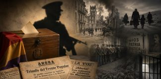 18 de julio de 1936: el golpe militar que destruyó la democracia Una urna electoral de 1936 y periódicos republicanos quedan bajo la sombra de un militar, junto a escenas de guerra, represión y exilio.