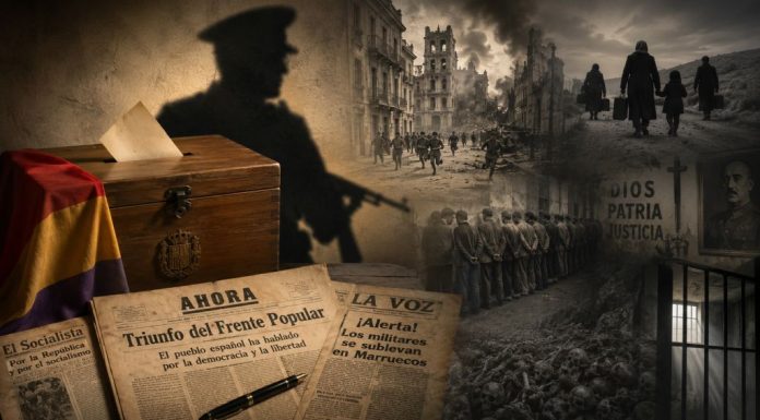 18 de julio de 1936: el golpe militar que destruyó la democracia Una urna electoral de 1936 y periódicos republicanos quedan bajo la sombra de un militar, junto a escenas de guerra, represión y exilio.