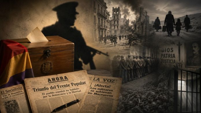 Golpe 1 Una urna electoral de 1936 y periódicos republicanos quedan bajo la sombra de un militar, junto a escenas de guerra, represión y exilio.