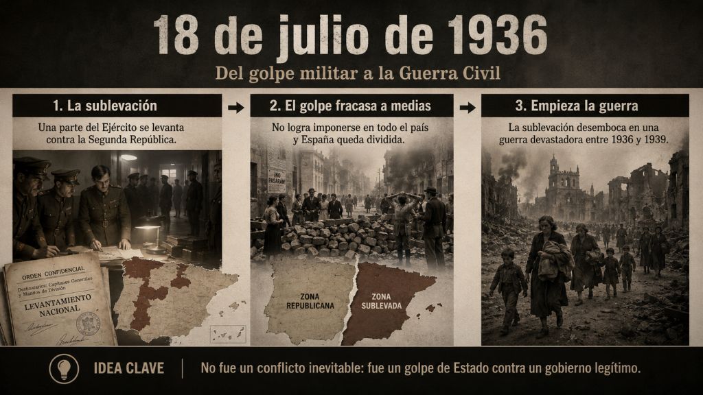 Tres escenas explican cómo la sublevación militar contra la Segunda República fracasó parcialmente y desencadenó la Guerra Civil española.