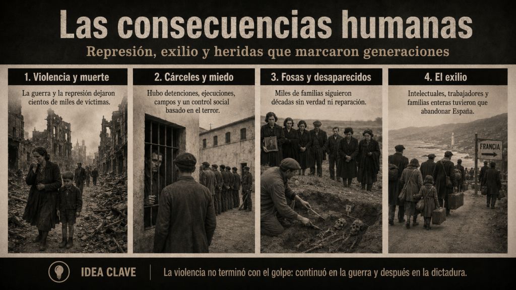 Imágenes de destrucción, cárceles, fosas comunes y familias exiliadas muestran las principales consecuencias humanas de la guerra y la represión.