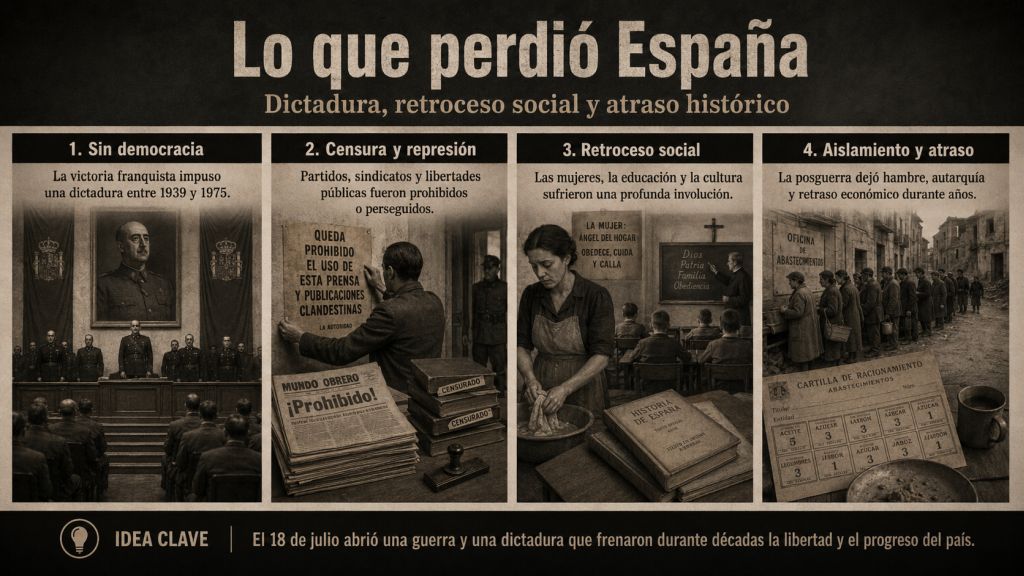 Escenas de dictadura, censura, retroceso de los derechos de las mujeres y escasez reflejan las consecuencias políticas, sociales y económicas del franquismo.
