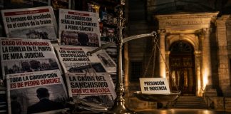 Juicio mediático contra David Sánchez: portadas sin rectificación Portadas de periódicos inclinan una balanza frente a un palacio de justicia, mientras la presunción de inocencia queda en el plato más ligero.