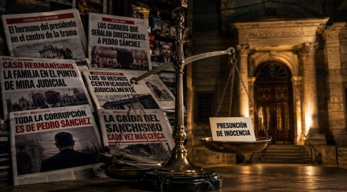 Juicio mediático contra David Sánchez: portadas sin rectificación Portadas de periódicos inclinan una balanza frente a un palacio de justicia, mientras la presunción de inocencia queda en el plato más ligero.