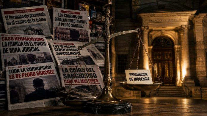 Hermano 1 Portadas de periódicos inclinan una balanza frente a un palacio de justicia, mientras la presunción de inocencia queda en el plato más ligero.