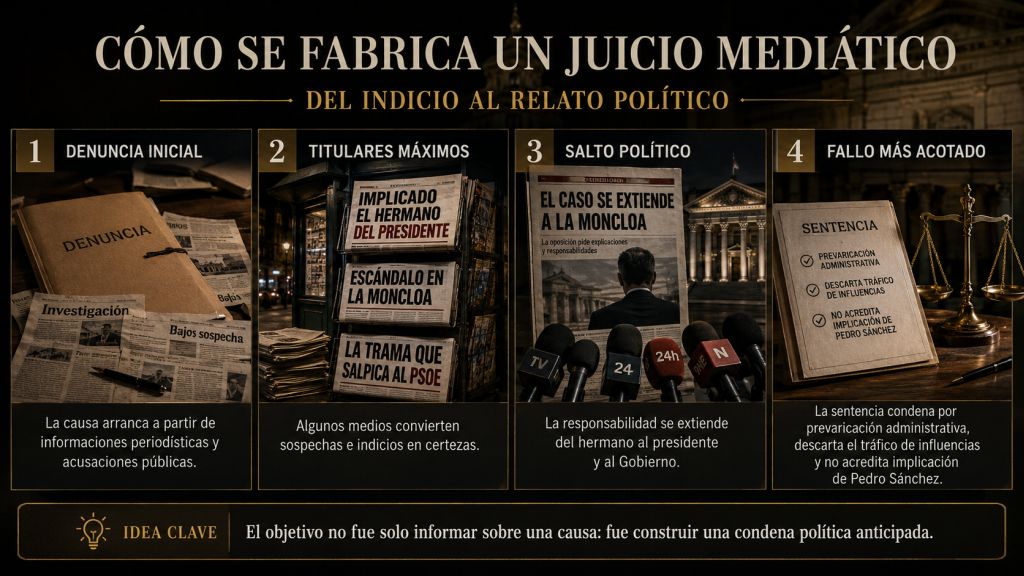 Secuencia visual que muestra cómo una denuncia inicial puede transformarse en titulares acusatorios, presión política y una condena pública anterior al fallo judicial.