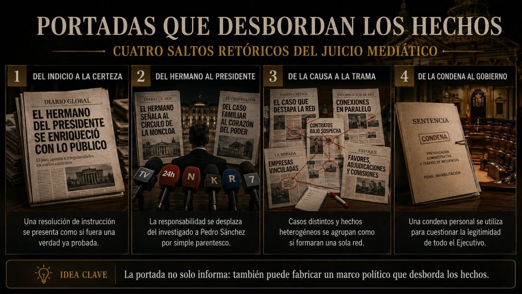 Cuatro ejemplos visuales explican cómo algunos medios convierten indicios en certezas, extienden la sospecha al presidente y presentan casos distintos como una única trama.