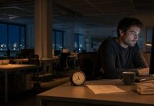 Horas extraordinarias impagadas: trabajo que nadie devuelve Trabajador permanece ante su ordenador en una oficina vacía durante la noche, con un reloj y una nómina sobre la mesa.