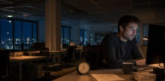 Horas extraordinarias impagadas: trabajo que nadie devuelve Trabajador permanece ante su ordenador en una oficina vacía durante la noche, con un reloj y una nómina sobre la mesa.