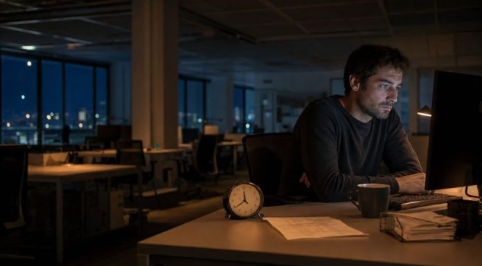 Horas extraordinarias impagadas: trabajo que nadie devuelve Trabajador permanece ante su ordenador en una oficina vacía durante la noche, con un reloj y una nómina sobre la mesa.