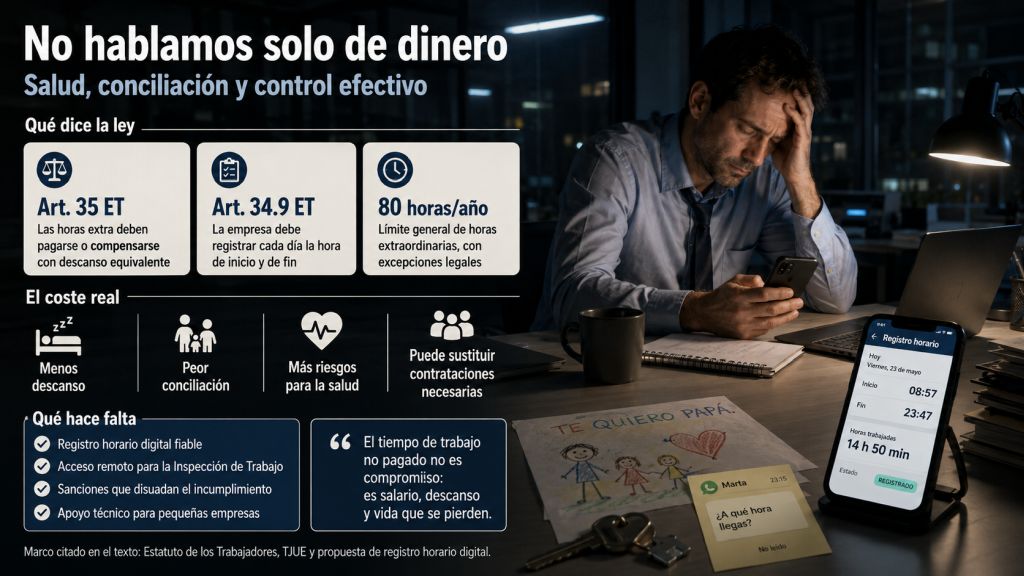 Empleado consulta el registro horario tras una jornada de casi quince horas, junto a un dibujo infantil y un mensaje familiar que reflejan la pérdida de descanso y conciliación.