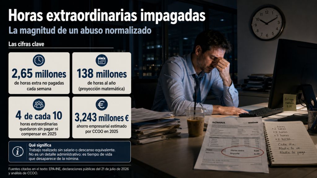 Trabajador agotado en una oficina nocturna junto a una nómina, mientras una infografía muestra las cifras de horas extraordinarias impagadas en España.
