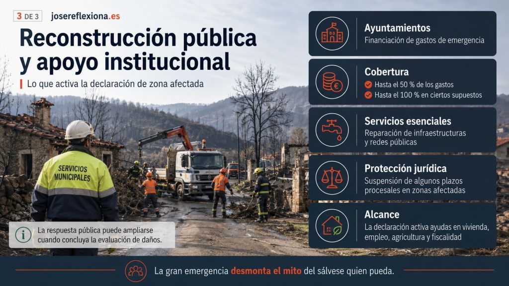 Servicios municipales reconstruyen infraestructuras y redes públicas en una localidad dañada por un incendio forestal.