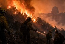 Política de incendios: cuando el PP pide silencio Bomberos forestales combaten un gran incendio mientras un edificio institucional aparece entre el humo, como símbolo de la responsabilidad política ante la emergencia.