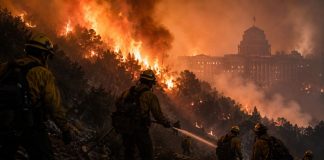 Política de incendios: cuando el PP pide silencio Bomberos forestales combaten un gran incendio mientras un edificio institucional aparece entre el humo, como símbolo de la responsabilidad política ante la emergencia.
