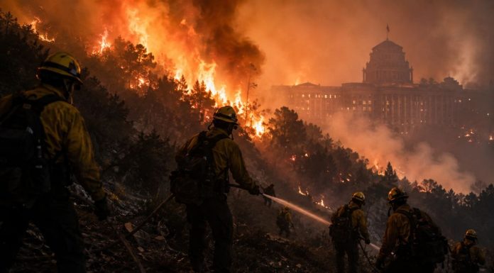 Política de incendios: cuando el PP pide silencio Bomberos forestales combaten un gran incendio mientras un edificio institucional aparece entre el humo, como símbolo de la responsabilidad política ante la emergencia.