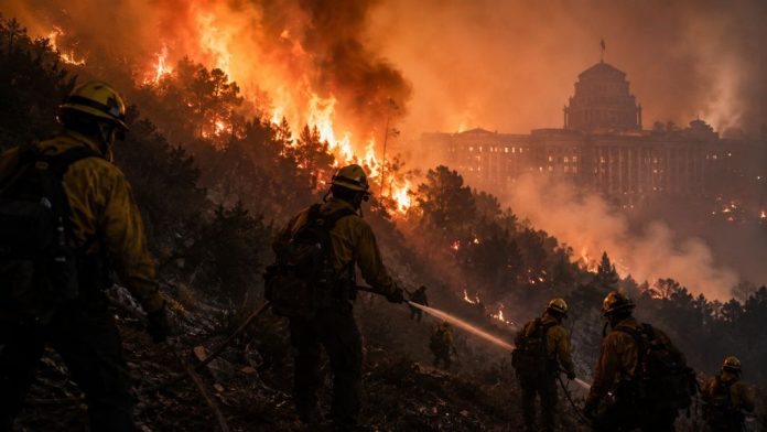 Bomberos forestales combaten un gran incendio mientras un edificio institucional aparece entre el humo, como símbolo de la responsabilidad política ante la emergencia.