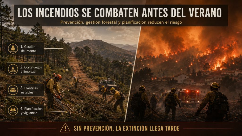 Trabajadores forestales realizan tareas de limpieza, cortafuegos y vigilancia en el monte, frente a una segunda escena donde un incendio amenaza a una población.