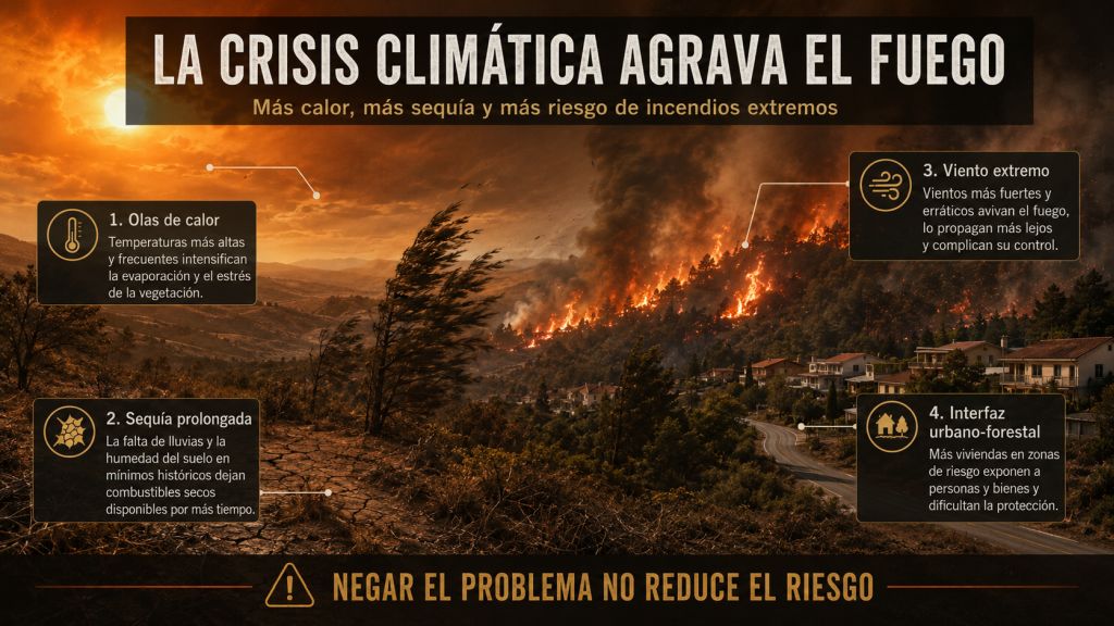 Paisaje afectado por calor extremo, sequía y fuertes vientos, con un incendio avanzando hacia viviendas situadas en una zona de interfaz urbano-forestal.