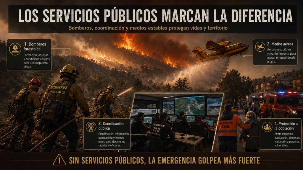Bomberos forestales, medios aéreos, equipos de coordinación y Protección Civil actúan conjuntamente para contener un incendio y proteger a la población.