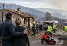 Ayudas por los incendios: el Estado frente al desastre Pareja adulta observa su vivienda dañada por un incendio mientras bomberos, sanitarios y servicios públicos trabajan en la zona.