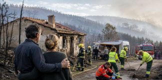 Ayudas por los incendios: el Estado frente al desastre Pareja adulta observa su vivienda dañada por un incendio mientras bomberos, sanitarios y servicios públicos trabajan en la zona.