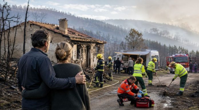 Ayudas por los incendios: el Estado frente al desastre Pareja adulta observa su vivienda dañada por un incendio mientras bomberos, sanitarios y servicios públicos trabajan en la zona.