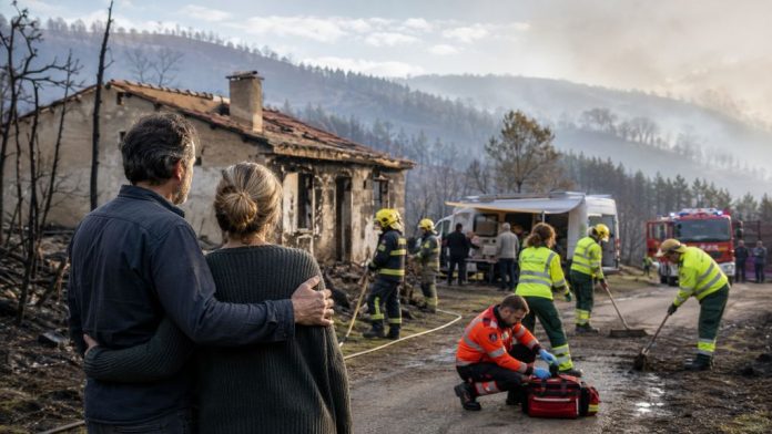 Incendios 7 Pareja adulta observa su vivienda dañada por un incendio mientras bomberos, sanitarios y servicios públicos trabajan en la zona.