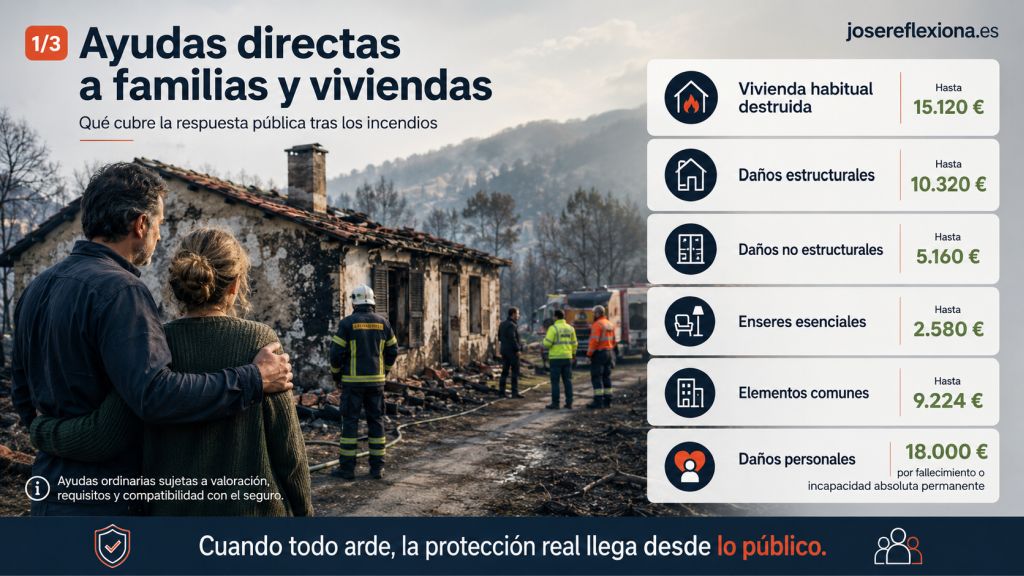 Ayudas públicas para viviendas, enseres y daños personales junto a una casa afectada por un incendio forestal.