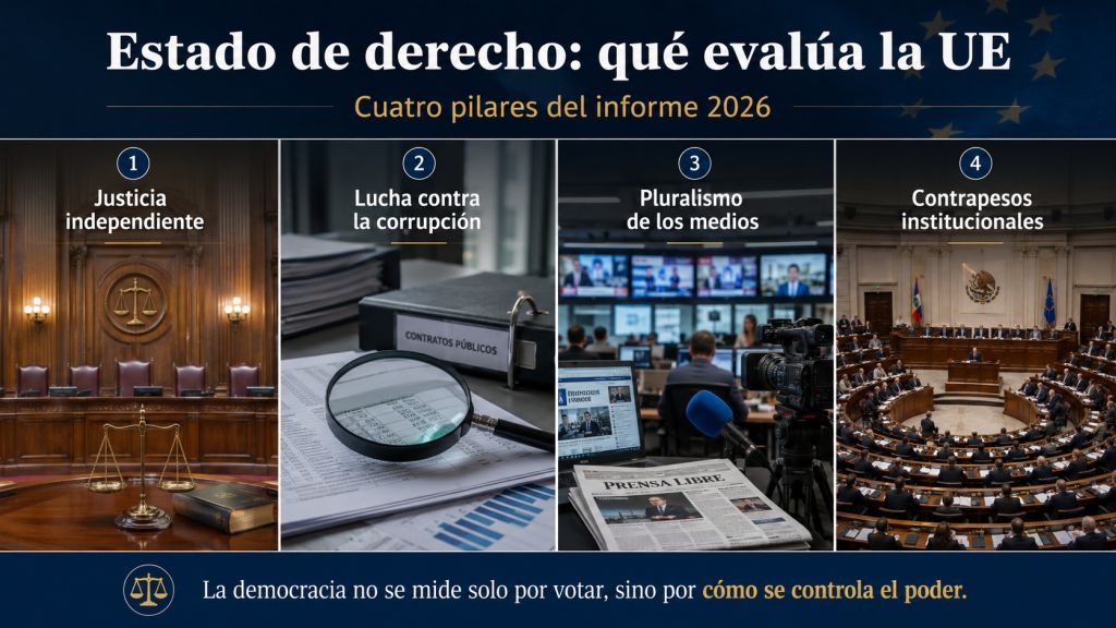 Infografía sobre los cuatro pilares del Estado de derecho evaluados por la Unión Europea: justicia, corrupción, medios y contrapesos institucionales.