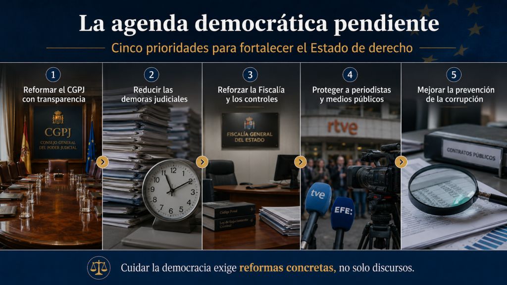 Cinco reformas pendientes para fortalecer el Estado de derecho en España, desde la justicia y la Fiscalía hasta la prensa y la prevención de la corrupción.