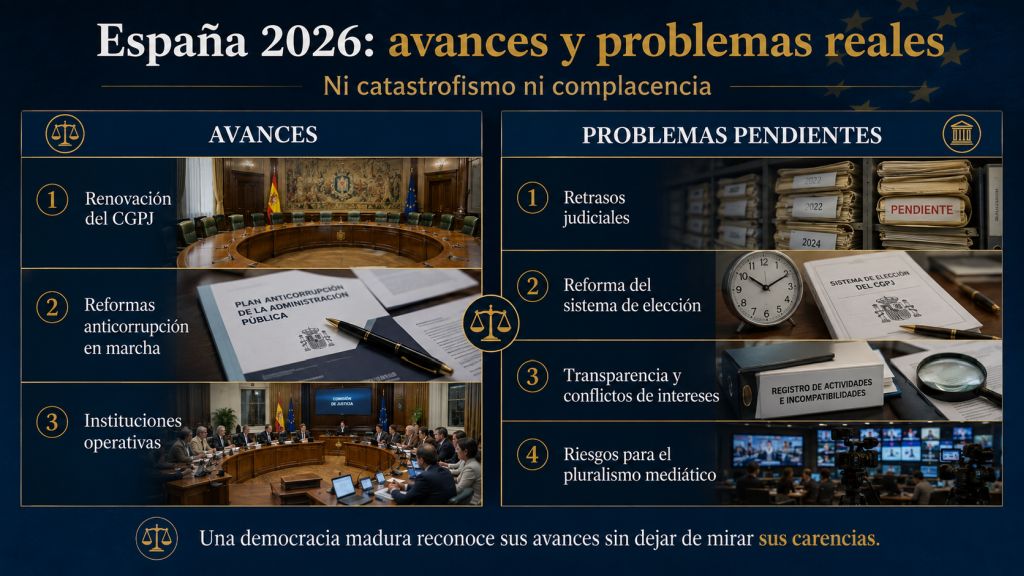 Comparación entre los avances democráticos de España en 2026 y los problemas pendientes en justicia, transparencia, corrupción y pluralismo mediático.