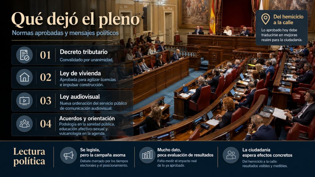 Infografía sobre los principales resultados del pleno, incluida la aprobación del decreto tributario, la ley de vivienda, la ley audiovisual y varios acuerdos sociales.