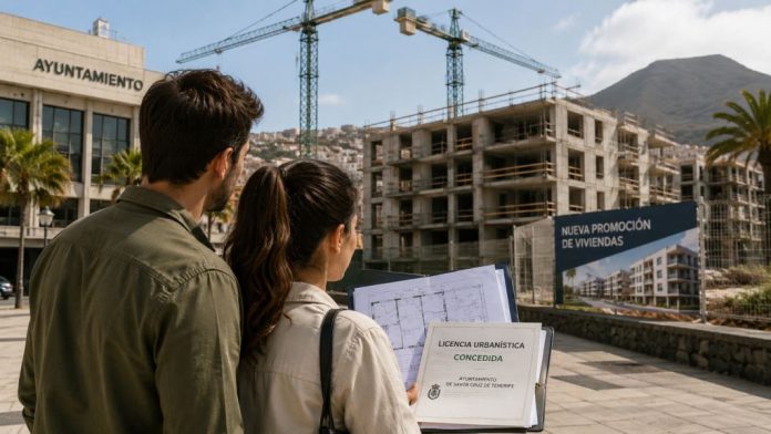 Licencia 1 Pareja observa una promoción de viviendas en construcción en Canarias mientras sostiene planos y una licencia urbanística, con un ayuntamiento y varias grúas al fondo.