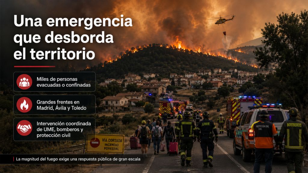 Gran incendio forestal próximo a varios municipios de Madrid, Ávila y Toledo, con personas evacuadas y equipos públicos coordinando la respuesta.