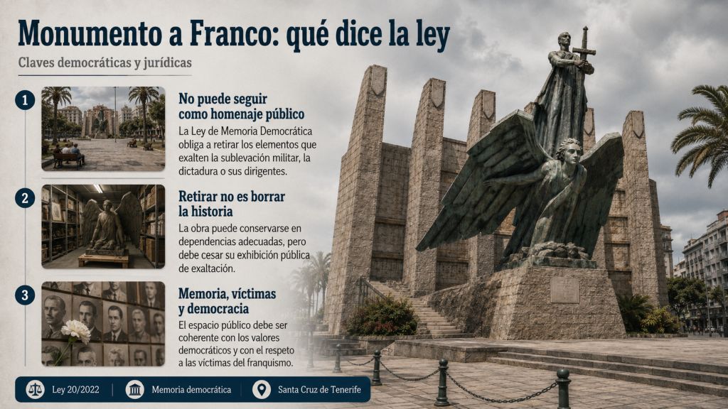 Claves legales y democráticas sobre el monumento a Franco: la Ley de Memoria Democrática obliga a retirar símbolos de exaltación franquista del espacio público sin borrar su valor documental o histórico.