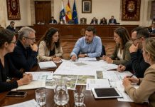 Oposición municipal: prepararse para gobernar Equipo plural de oposición analiza presupuestos, planos y proyectos municipales alrededor de una mesa situada frente al salón de plenos.