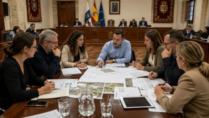Equipo plural de oposición analiza presupuestos, planos y proyectos municipales alrededor de una mesa situada frente al salón de plenos.