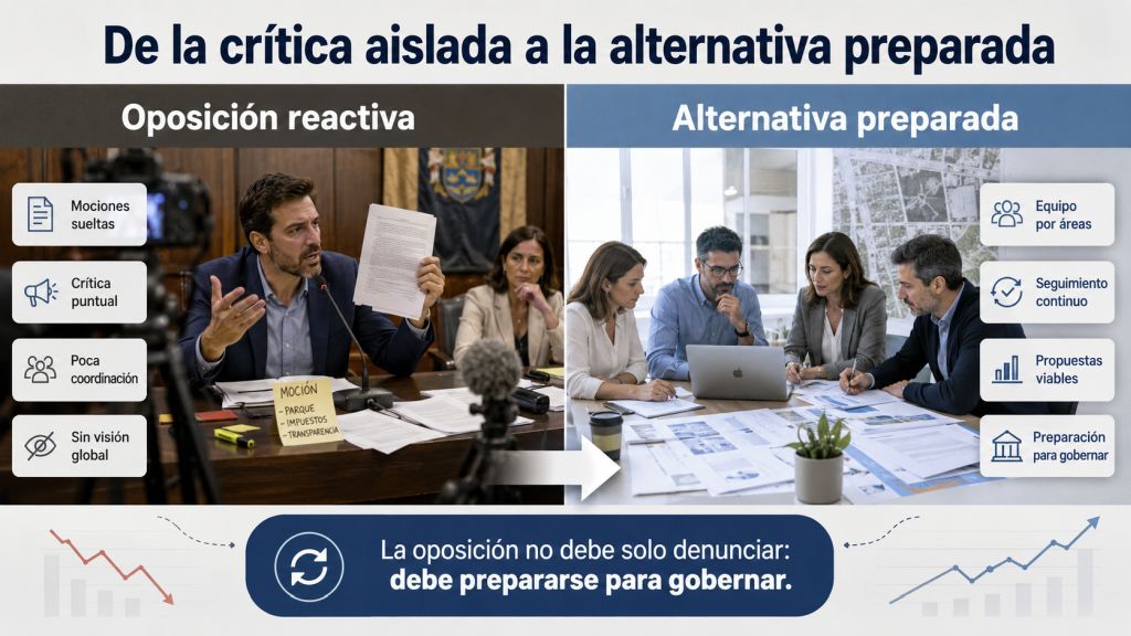 Comparación entre una oposición que reacciona con críticas puntuales y un equipo organizado que estudia, coordina propuestas y se prepara para gobernar.