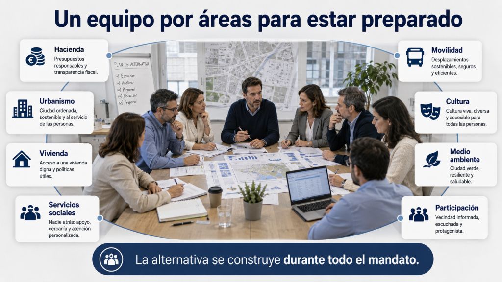Equipo de oposición reunido ante un plano municipal, rodeado de las principales áreas de gestión: hacienda, urbanismo, vivienda, servicios sociales, movilidad, cultura, medio ambiente y participación.