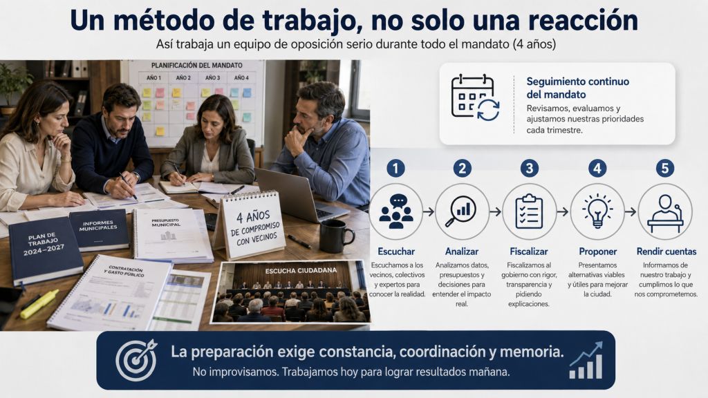 Grupo político analiza presupuestos e informes siguiendo un método basado en escuchar, estudiar, fiscalizar, proponer alternativas y rendir cuentas durante todo el mandato.