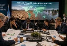 Financiación climática: solidaridad inflada y deuda real Delegados internacionales analizan documentos sobre financiación climática en una conferencia, con una pantalla que muestra sequías e inundaciones en países vulnerables.