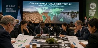 Financiación climática: solidaridad inflada y deuda real Delegados internacionales analizan documentos sobre financiación climática en una conferencia, con una pantalla que muestra sequías e inundaciones en países vulnerables.