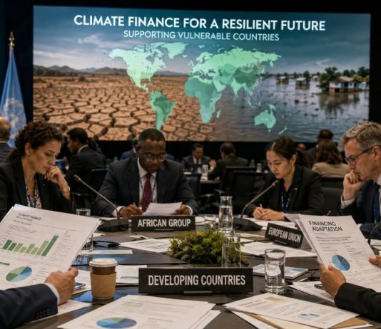 Financiación climática: solidaridad inflada y deuda real Delegados internacionales analizan documentos sobre financiación climática en una conferencia, con una pantalla que muestra sequías e inundaciones en países vulnerables.