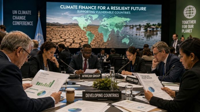 Delegados internacionales analizan documentos sobre financiación climática en una conferencia, con una pantalla que muestra sequías e inundaciones en países vulnerables.