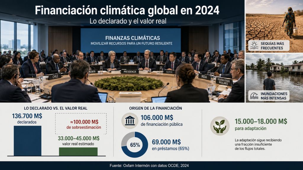 Infografía sobre financiación climática global en 2024 que compara los 136.700 millones de dólares declarados con un valor real estimado mucho menor y muestra el peso de los préstamos.