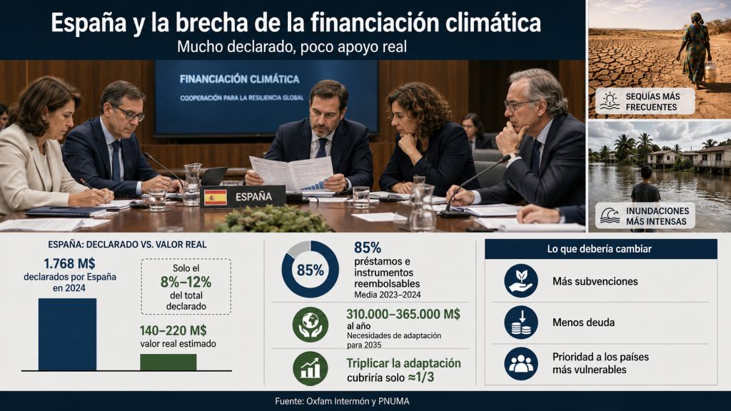 Infografía sobre la financiación climática de España en 2024, con la diferencia entre la cifra declarada y el valor real estimado, y propuestas para aumentar subvenciones y reducir deuda.