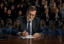 El racismo de Rajoy no fue un desliz político Mariano Rajoy escribe una columna ante un escritorio, rodeado por imágenes semitransparentes de futbolistas franceses y una grada dividida entre aplausos y rechazo.